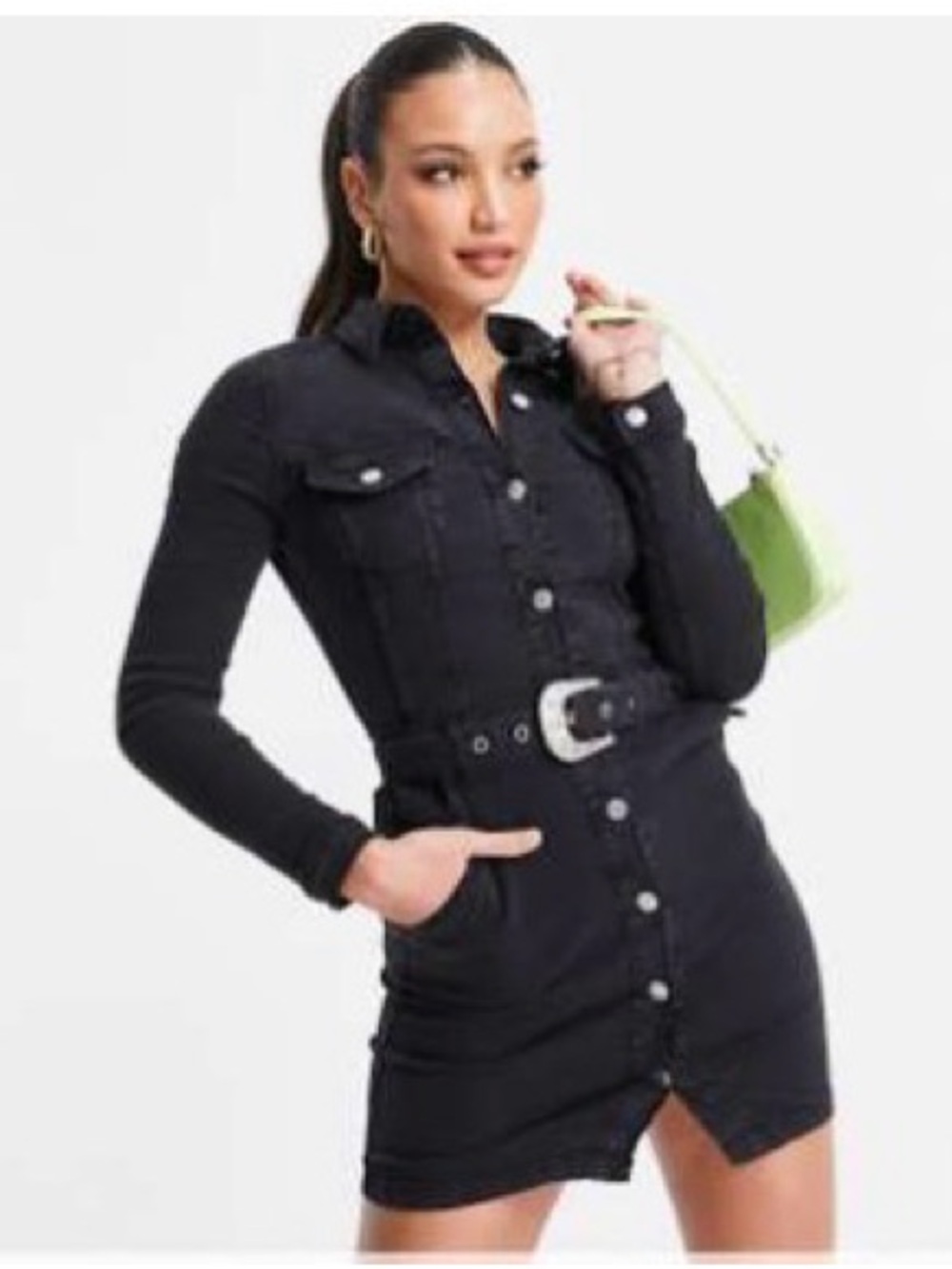 Parisian Works Black Long Sleeve Button-Front Belted Shirt Dress